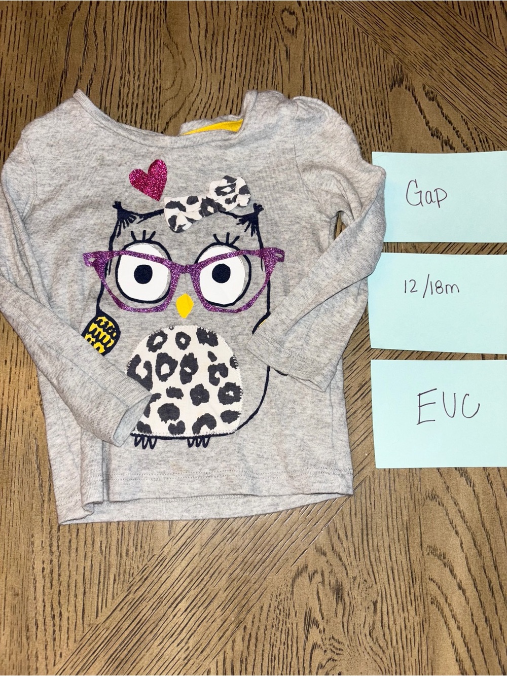 GAP Gray Long-Sleeve Owl Tee with Pink Glitter Glasses